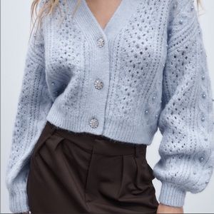 Zara Knitwear Pearl Cardigan Baby Blue